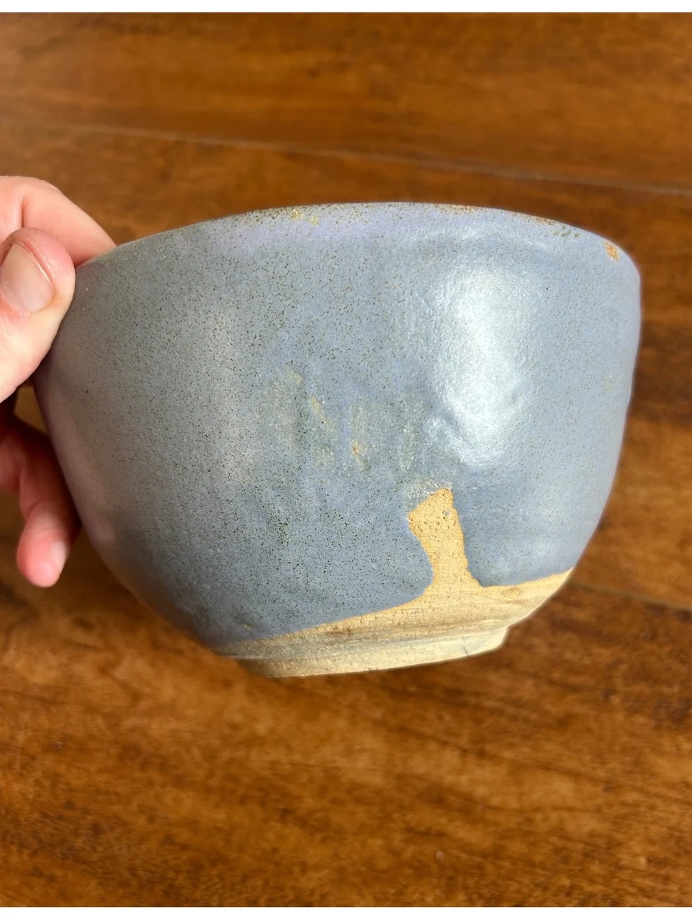 Handmade Ceramic Bowl with Blue Exterior and Brown Interior